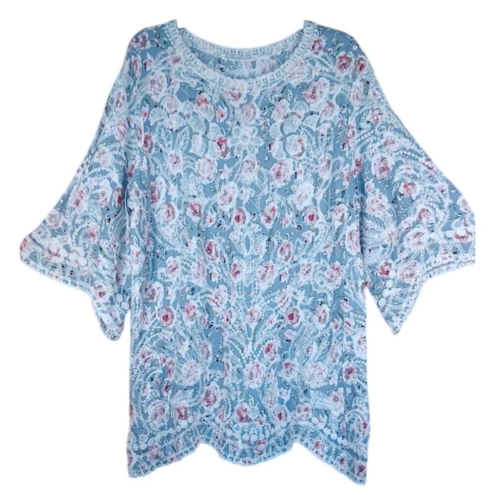 Floral Lace Tunic Top Artsy Boho Lagenlook Blue Pink Rose Rayon Size Medium